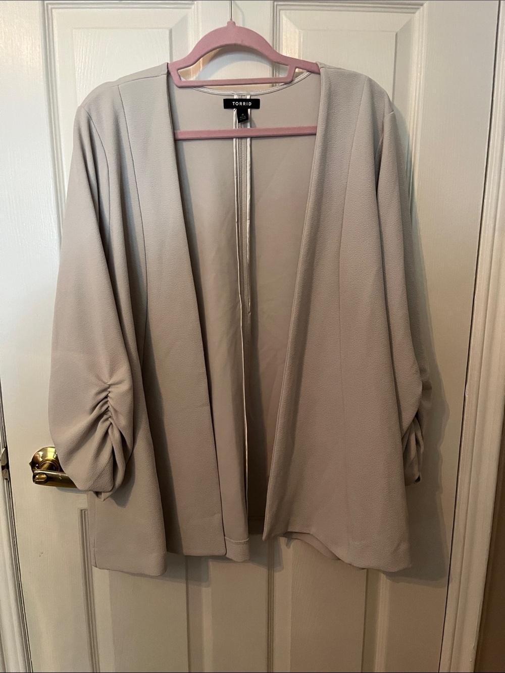 torrid Light Gray Open Front Draped Blazer with Ruched Sleeves